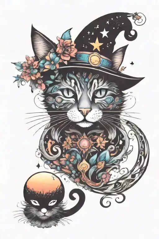witch cat with moon and stars and colorful mushrooms trippy  tattoo design idea