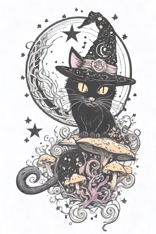 witch cat with moon and stars and colorful mushrooms trippy  tattoo design idea