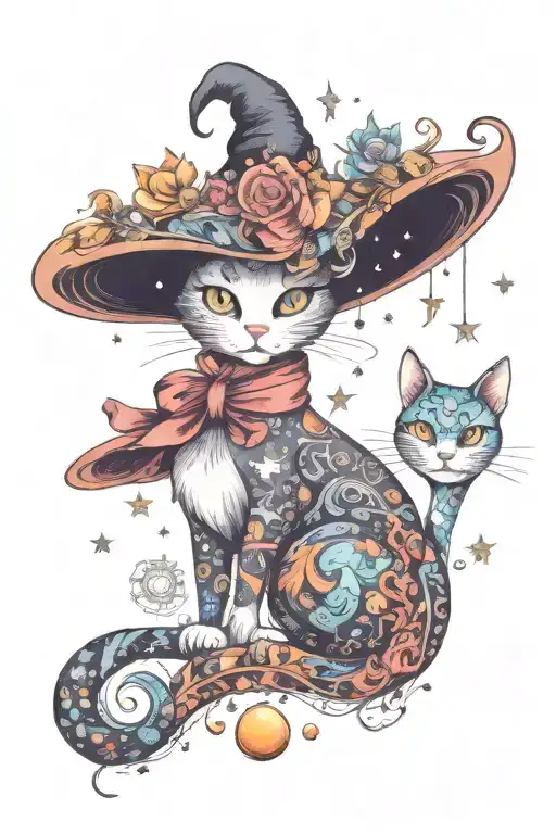 witch cat with moon and stars and colorful mushrooms trippy  tattoo design idea