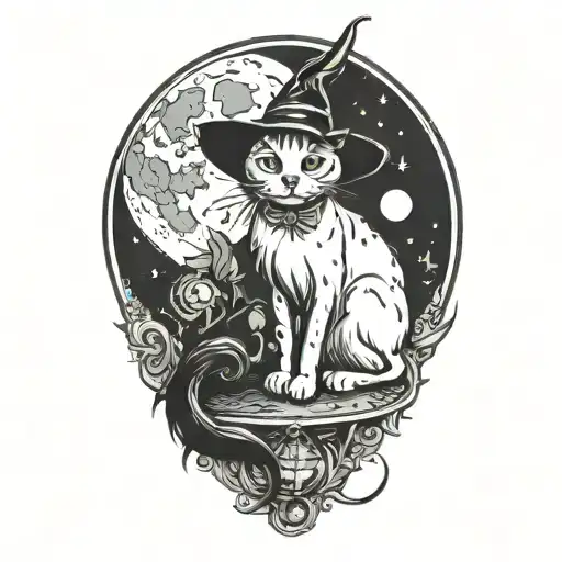 witch cat and moon tattoo design idea