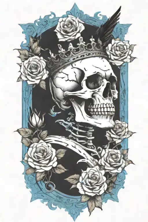 skull wearing crown with raven on skull and blue roses tattoo design idea