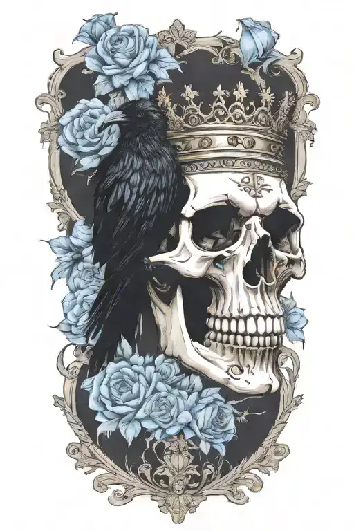 skull wearing crown with raven on and blue roses intertwined tattoo design idea