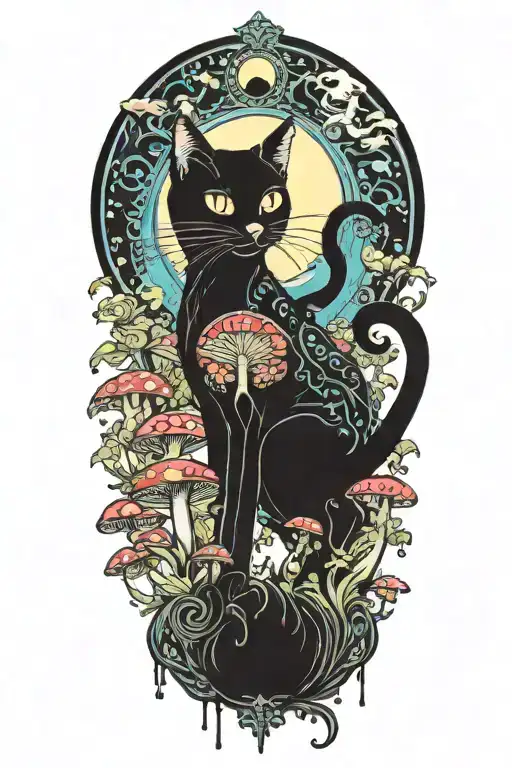 black cat with 3 eyes and trippy colorful mushrooms with moon melting  tattoo design idea
