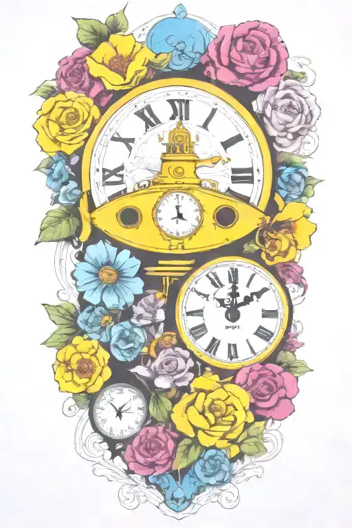 yellow submarine with colorful flowers and clock and rainbow  tattoo design idea