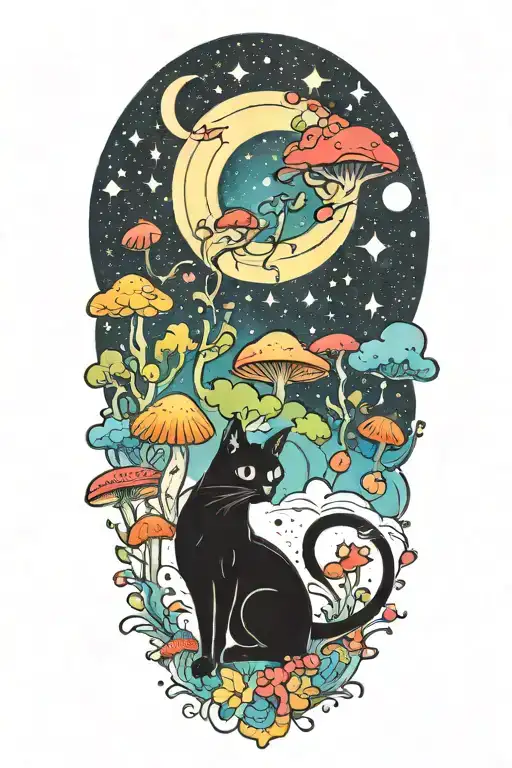 black cat with colorful mushrooms and crescent moon and clouds and stars melting  tattoo design idea