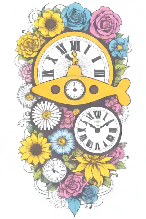 yellow submarine with colorful flowers and clock and rainbow  tattoo design idea