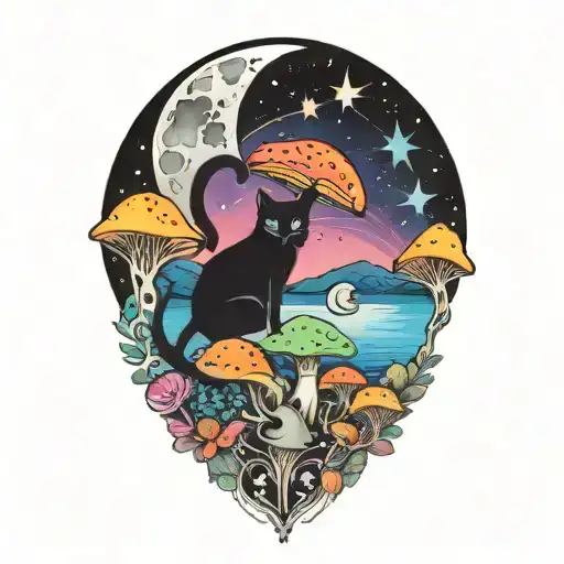 moon with black cat and colorful mushrooms tattoo design idea