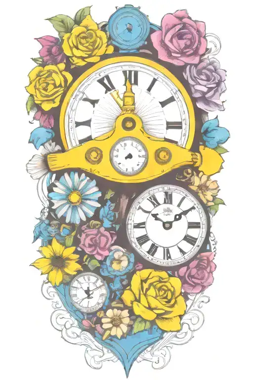 yellow submarine with colorful flowers and clock and rainbow  tattoo design idea