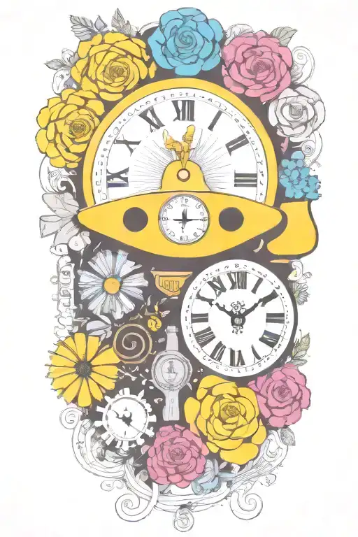 yellow submarine with colorful flowers and clock and rainbow  tattoo design idea
