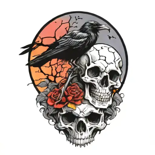 moon and raven perched on a skull tattoo design idea