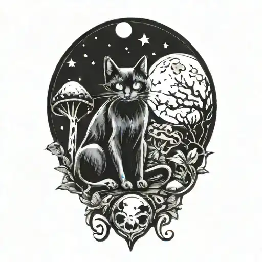 black cat and magic mushroom with moon tattoo design idea