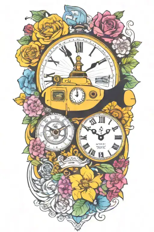 yellow submarine with colorful flowers and clock and rainbow  tattoo design idea