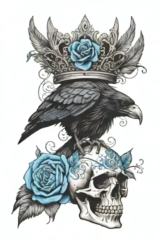 raven wearing crown with blue rose and skull tattoo design idea