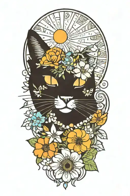 black hippie cat with trippy flowers and sun with peace sign tattoo design idea