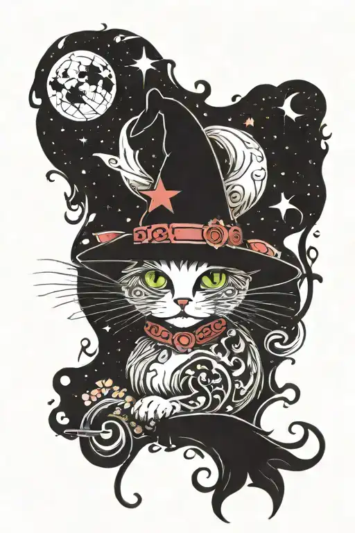 witch cat with moon and stars and colorful mushrooms trippy  tattoo design idea