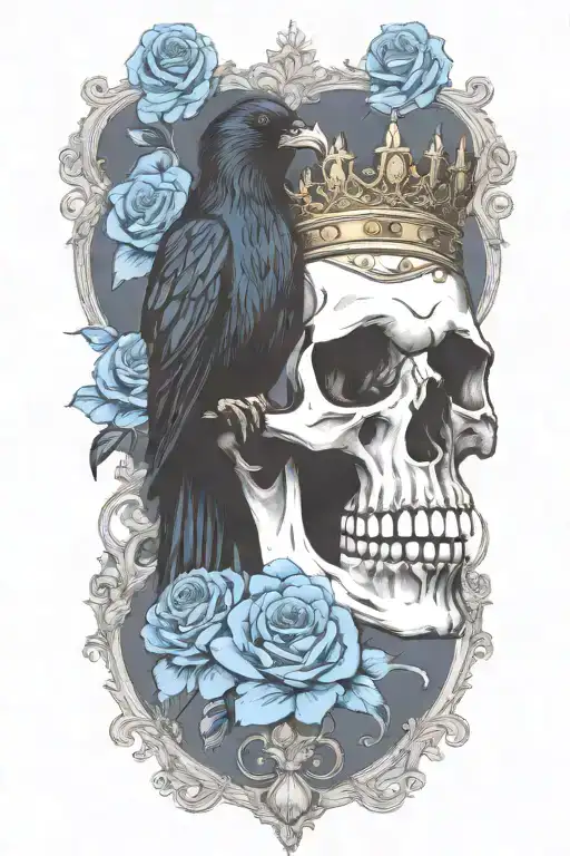 skull wearing crown with raven on and blue roses intertwined tattoo design idea
