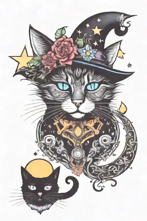 witch cat with moon and stars and colorful mushrooms trippy  tattoo design idea