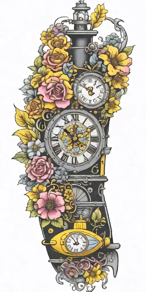 yellow submarine with colorful flowers and clock and rainbow  tattoo design idea
