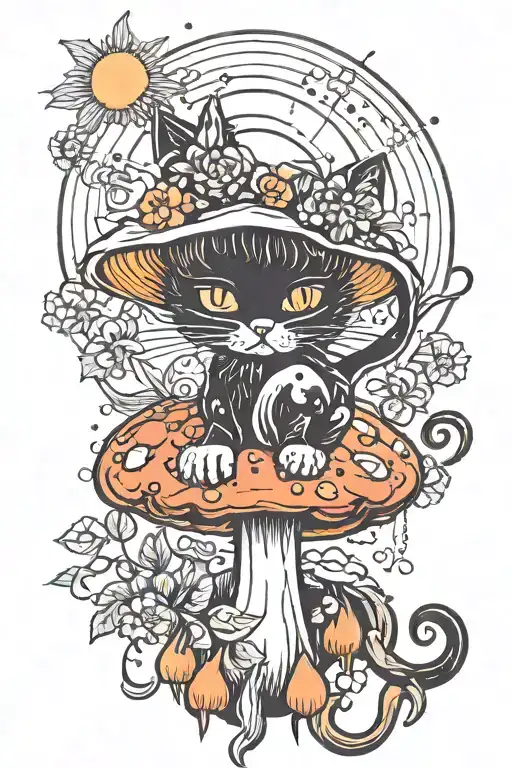 melting colorful mushroom black cat with sun tattoo design idea