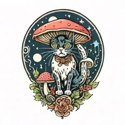 colorful mushroom with black cat and moon tattoo  tattoo design idea