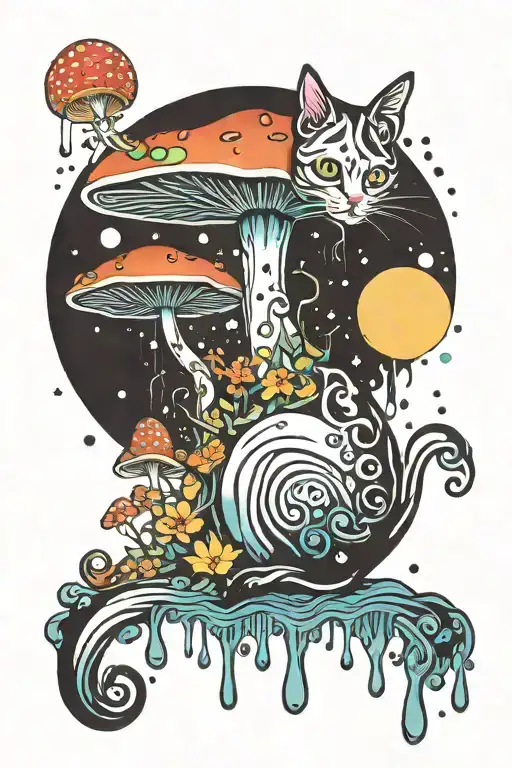 melting colorful mushroom black cat with moon tattoo design idea