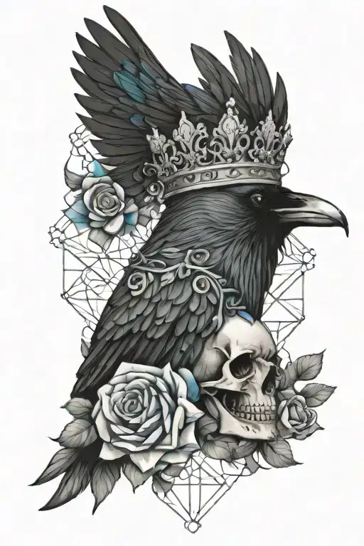 raven wearing crown with blue rose and skull tattoo design idea