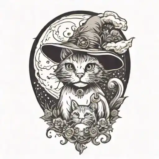 witch cat and moon and mushrooms tattoo design idea