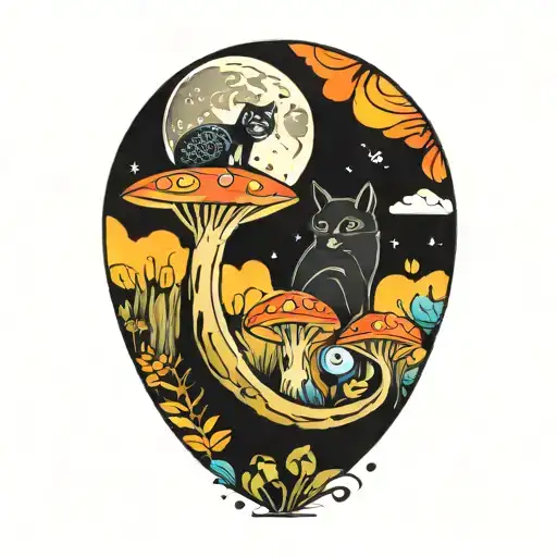 moon with black cat and colorful mushrooms tattoo design idea