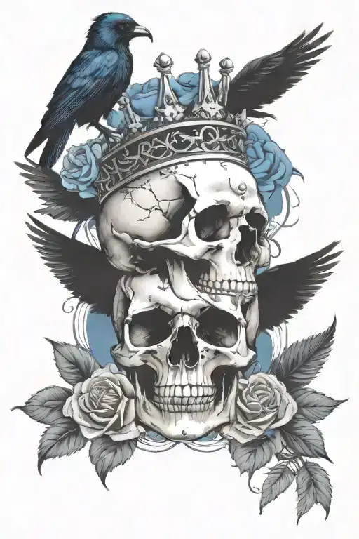 skull wearing crown with raven on headand blue roses intertwined tattoo design idea