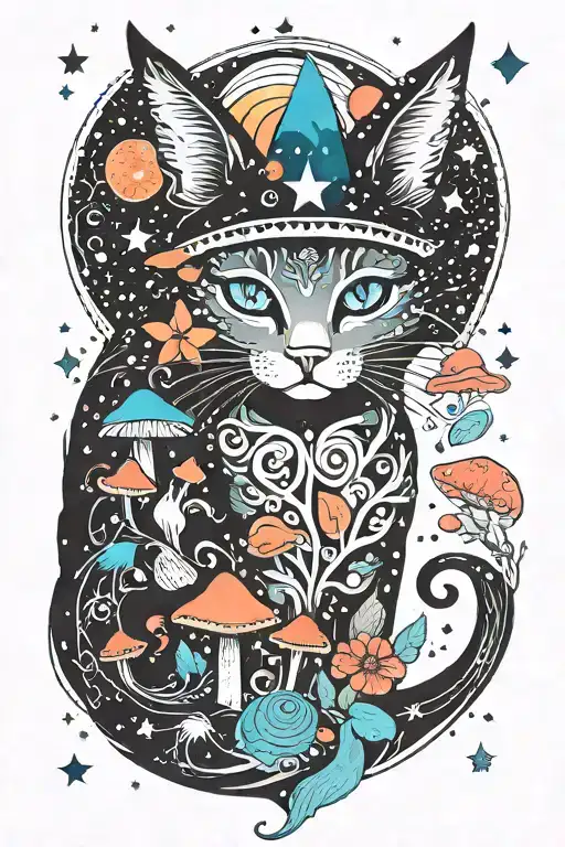 witch cat with moon and stars and colorful mushrooms trippy  tattoo design idea