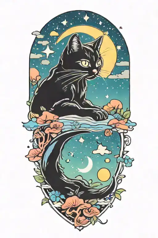 black cat with colorful mushrooms and crescent moon and clouds and stars melting  tattoo design idea