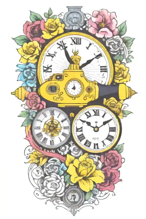 yellow submarine with colorful flowers and clock and rainbow  tattoo design idea