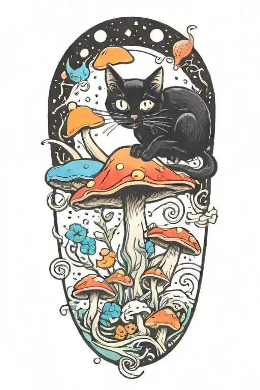 black cat with 3 eye balls and trippy colorful mushrooms with moon melting  tattoo design idea