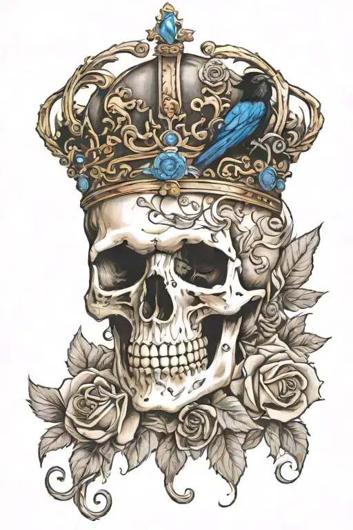 skull wearing crown with raven on and blue roses intertwined tattoo design idea