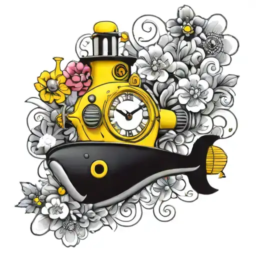 yellow submarine with flowers colorful and clocks tattoo design idea