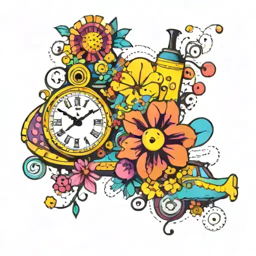 yellow submarine with colorful flowers and clock tattoo design idea