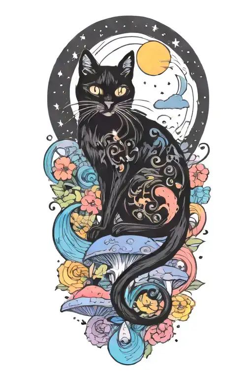 black cat with colorful mushrooms and crescent moon and clouds and stars melting  tattoo design idea