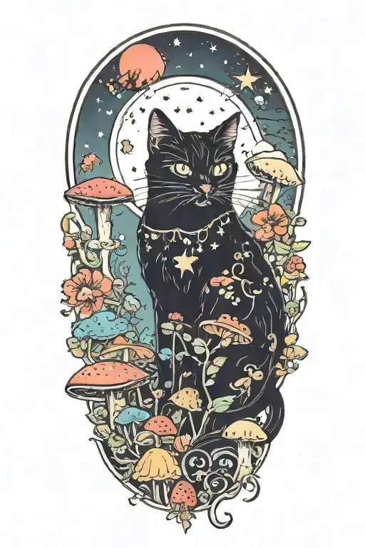 black cat with colorful mushrooms and crescent moon and clouds and stars tattoo design idea