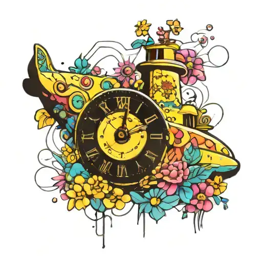 yellow submarine with colorful flowers and clock tattoo design idea