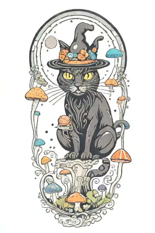 black cat with 3 eye balls and trippy colorful mushrooms with moon melting  tattoo design idea