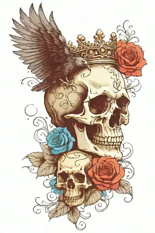 skull wearing crown with raven on headand blue roses intertwined tattoo design idea