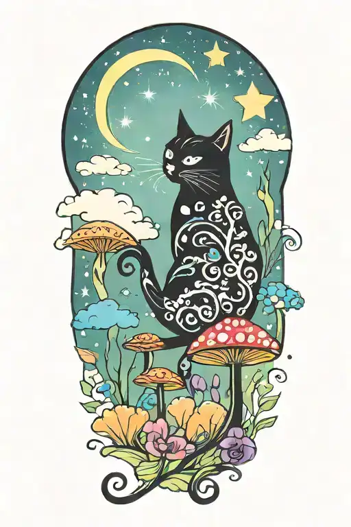 black cat with colorful mushrooms and crescent moon and clouds and stars tattoo design idea