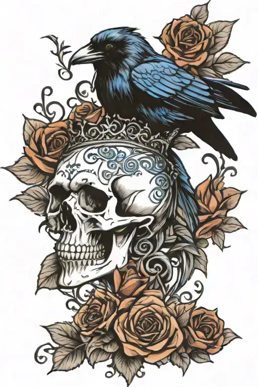 raven wearing crown with blue rose and skull tattoo design idea