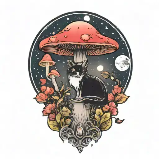 colorful mushroom with black cat and moon tattoo  tattoo design idea