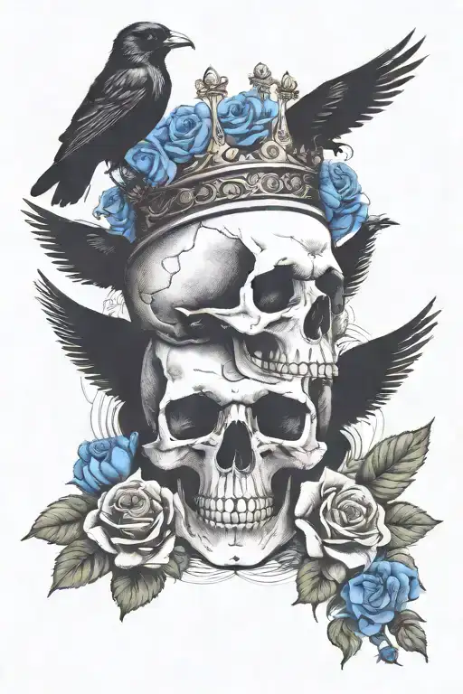 skull wearing crown with raven on headand blue roses intertwined tattoo design idea