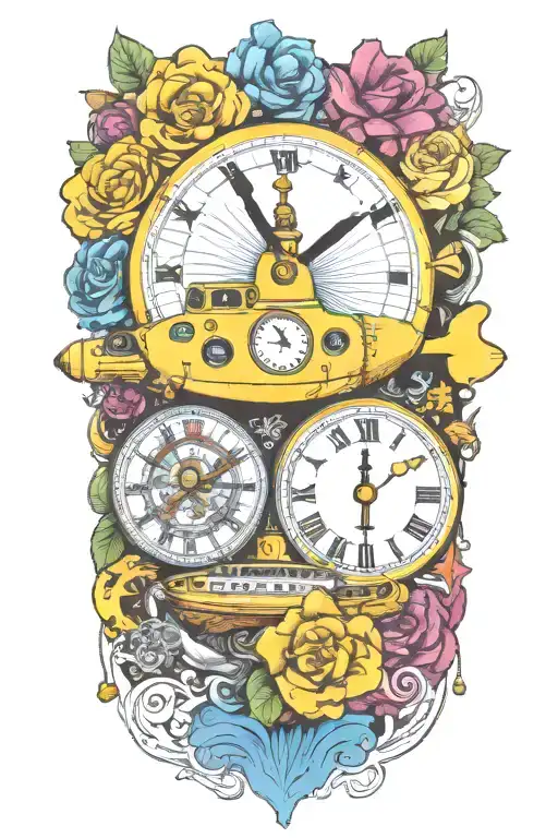 yellow submarine with colorful flowers and clock and rainbow  tattoo design idea