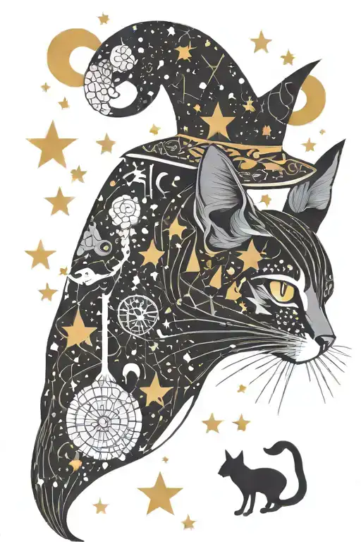 witch cat with moon and stars and colorful mushrooms trippy  tattoo design idea