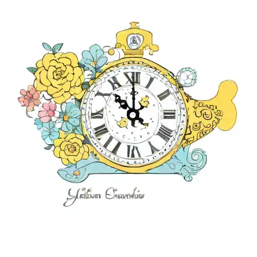 yellow submarine with colorful flowers and clock tattoo design idea