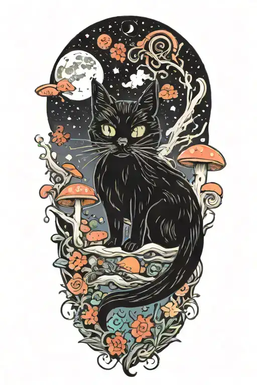black cat with colorful mushrooms and crescent moon and clouds and stars melting  tattoo design idea