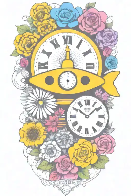 yellow submarine with colorful flowers and clock and rainbow  tattoo design idea